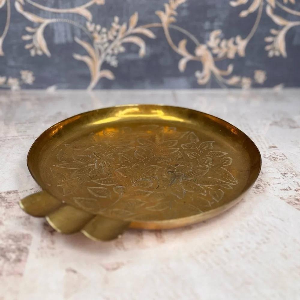 Vintage Brass Etched Floral Tray Small Catchall Dish Estate Find